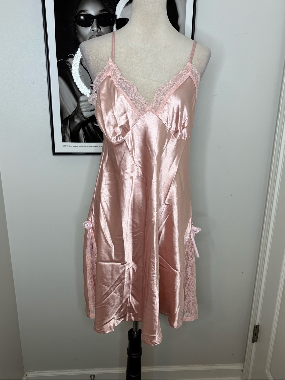 Pink Lace-Trim Satin Slip Dress